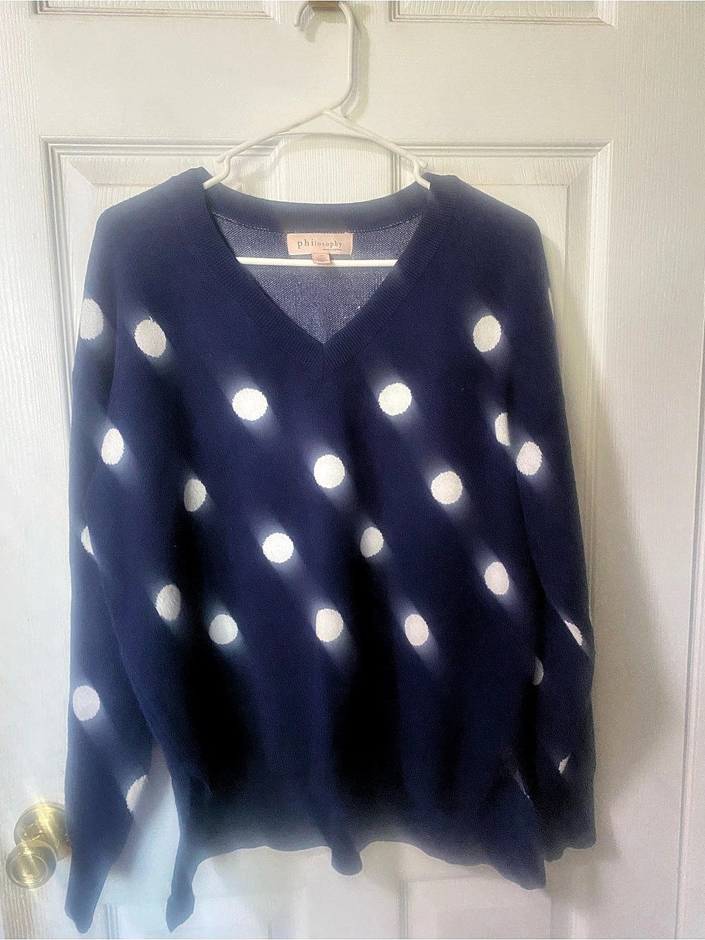 Philosophy Polka Dot V-Neck Sweater in Blue & White large